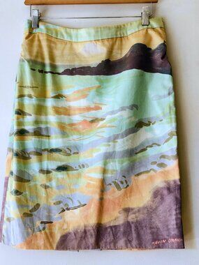 π²98 Anthropologie Kevin O'Brien sz 8 Pencil Skirt Lined in Watercolor Landscape